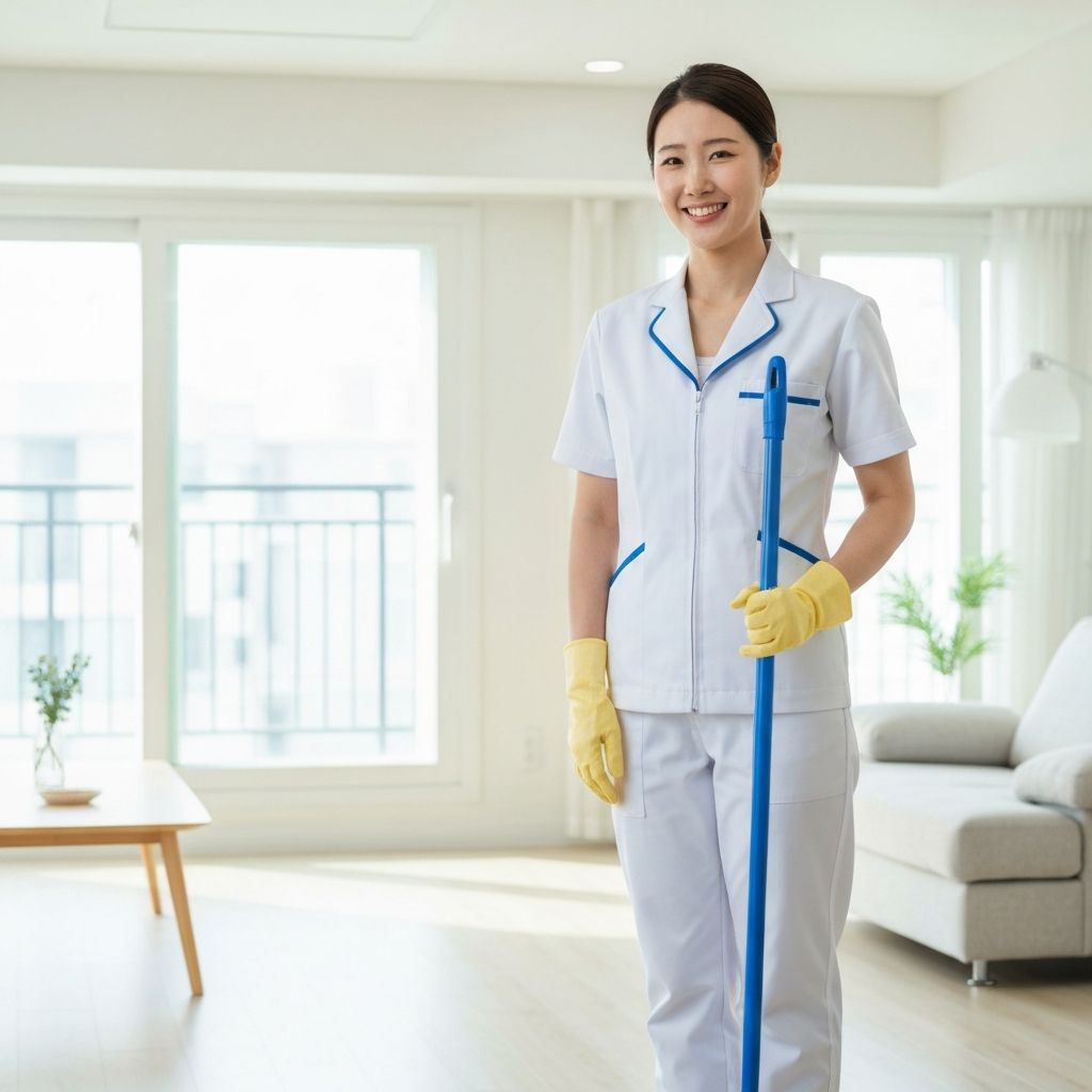 전문 청소 직원이 환한 아파트에서 청소하는 모습